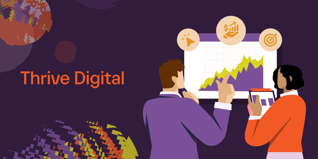 Two marketing professionals reviewing an upward-trending performance chart on a monitor, with icons representing advertising, revenue, and goal-tracking. Thrive Digital logo displayed on the left