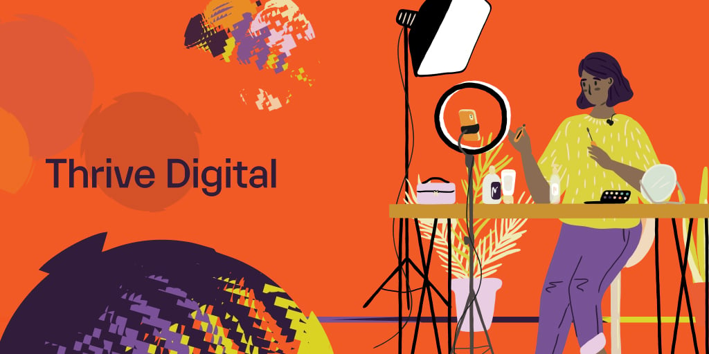 Thrive Digital logo on an orange background with an illustration of a woman recording a video on her cellphone