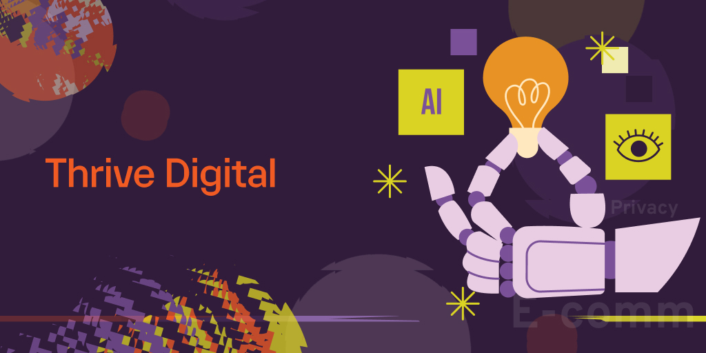 A purple background and a robot hand holding a lightbulb with the company name, Thrive Digital, in the foreground.