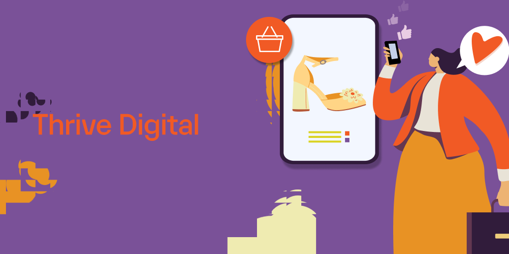 Illustration of a woman shopping online for shoes on her phone, with the words 