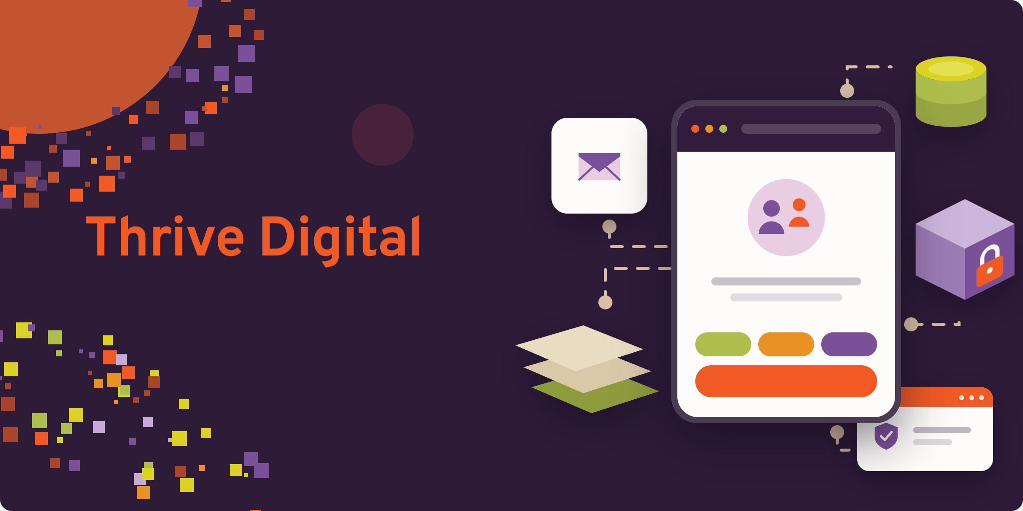 Thrive Digital branded graphic on a dark purple background, showing a mobile app mockup with a user profile icon, colorful action buttons, and connected icons representing email, layered data, cloud storage, security, and a locked cube, illustrating digital marketing and data infrastructure.